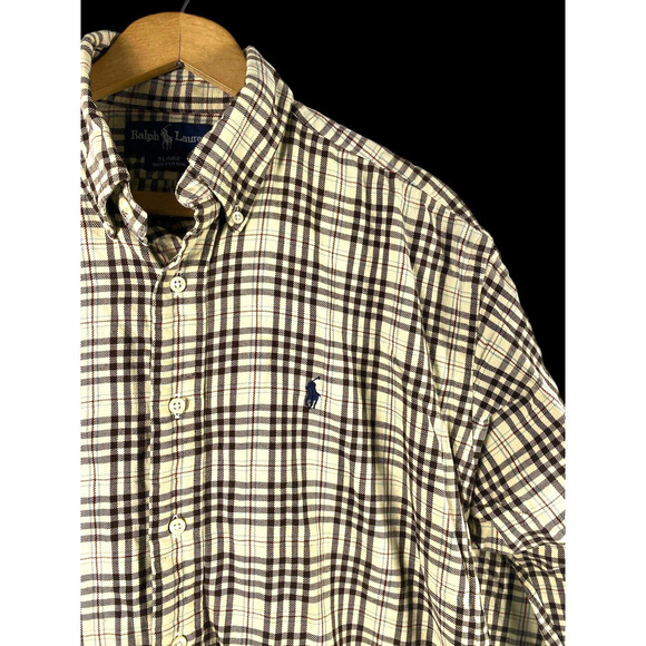 Ralph Lauren Blaire Medium Button Down Shirt Mens Ivory Cream White Brown Plaid - Picture 1 of 7